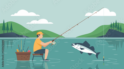 Minimalist Vector SVG Illustration of a Fisherman Catching Fish in Flat Design Style with Green Hills and Cloud Background