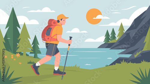 Minimalist Vector SVG Illustration of Hiker Trekking in Nature with Mountains and Lake in Modern Flat Style Bright Colors