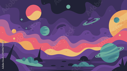 Vector Colorful Space Scene SVG Illustration with Planets and Stars in Flat Design Style for Digital Media
