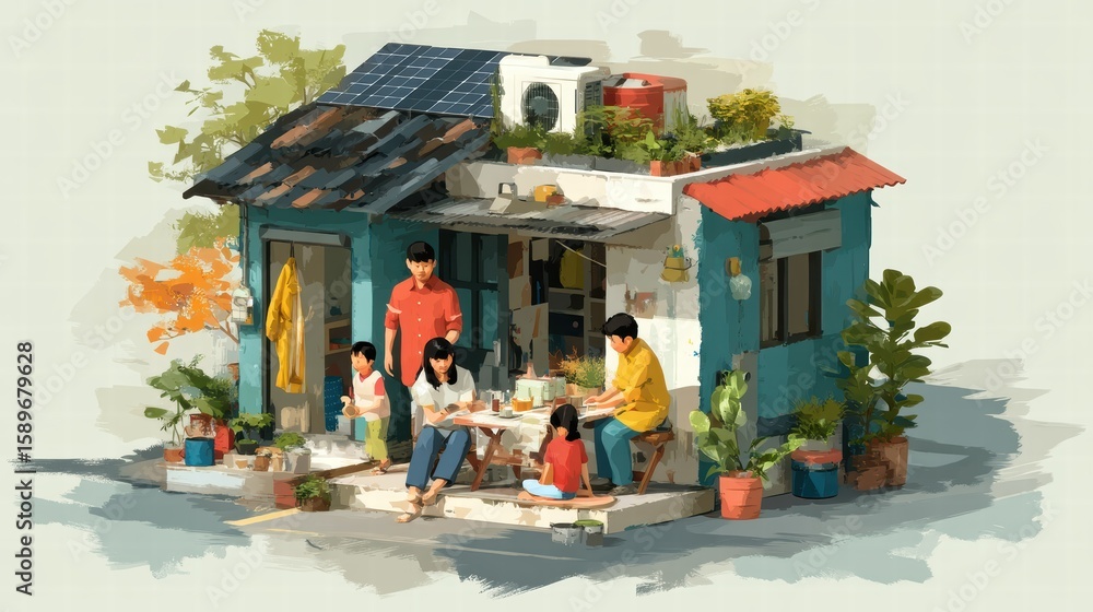 Naklejka premium Isometric Illustration of a Family Living Green Lifestyle