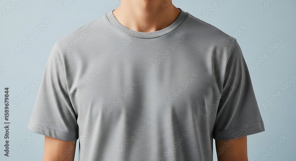 Stylish gray short-sleeved crew neck t-shirt mockup on a light blue background. Stylish gray short-sleeved crew neck t-shirt mockup on a light blue background.