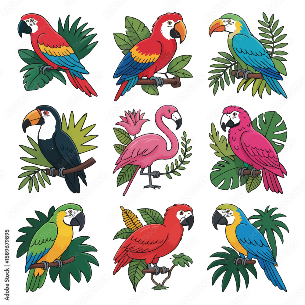 Obraz premium Vector art of a vibrant collection of tropical birds including parrots, macaws, toucans, and a flamingo, surrounded by lush green leaves