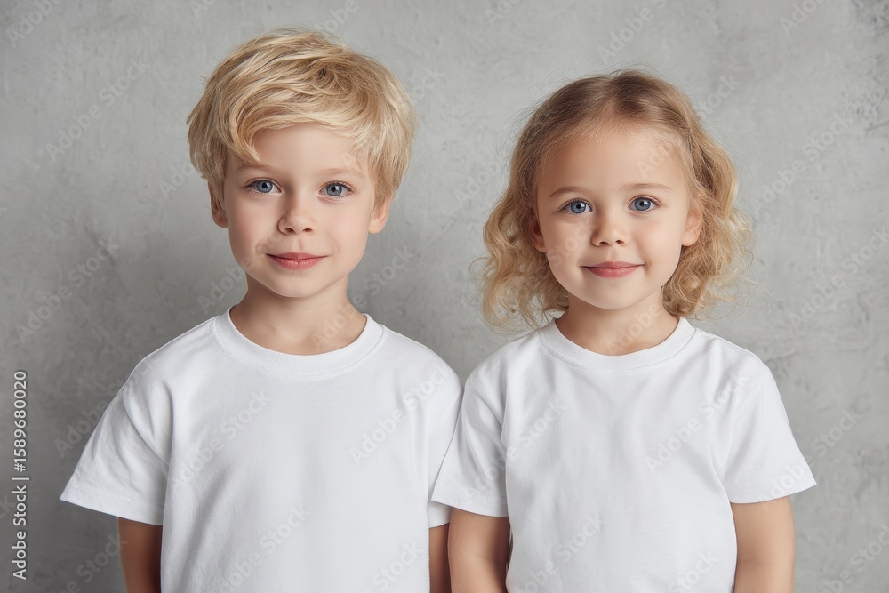 Adorable sibling duo boy and girl in white shirts against a gray backdrop Adorable sibling duo boy and girl in white shirts against a gray backdrop