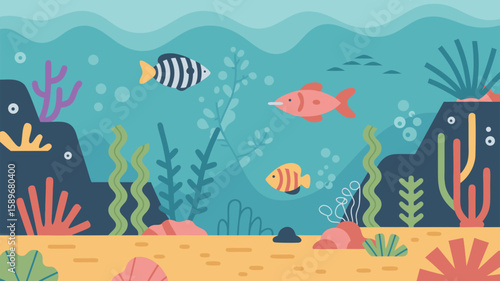 Vector SVG Illustration of Underwater Scene with Fish Coral and Rocks in Flat Modern Style