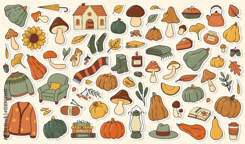 Autumn and Thanksgiving big stickers collection for prints, cards, social media, planners, stationery, posters, etc. EPS 10