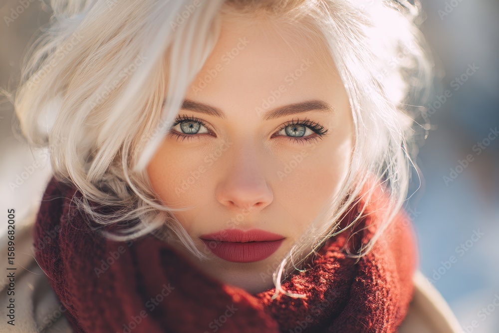 Fototapeta premium Alluring blonde woman with stunning makeup in a winter outdoor setting