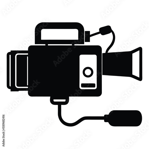 Black silhouette vector illustration of a professional digital camcorder for filming and video production