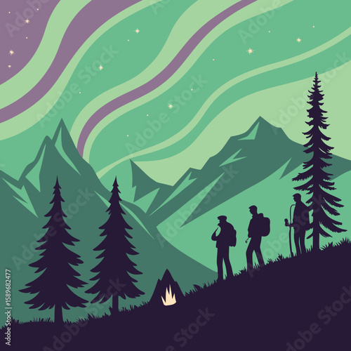 Hikers Watching Northern Lights in Mountain Forest Campfire Scene Illustration
