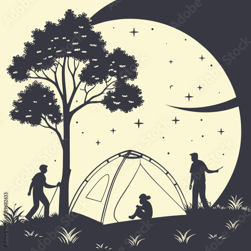 Night Camping Scene with Tent Hikers and Full Moon Silhouette Illustration
