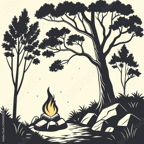 Campfire in Forest with Trees and Rocks Silhouette Illustration
