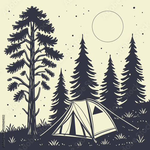 Night Forest Camping Scene with Tent and Pine Trees Under Moonlight Illustration
