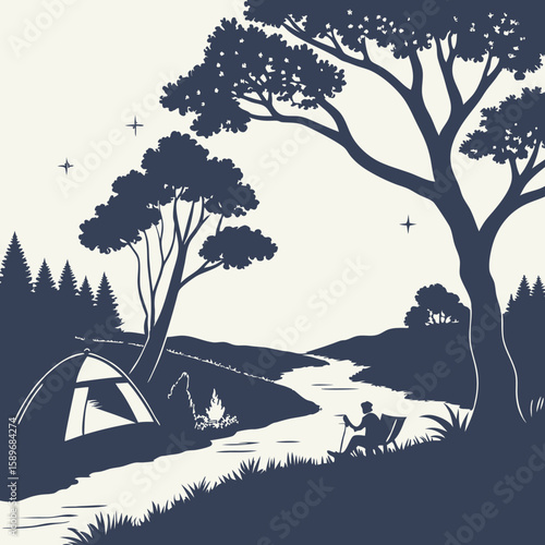 Scenic Camping by River with Tent, Campfire, and Starry Night Illustration
