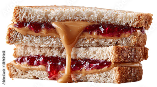 Peanut butter and jelly sandwich with dripping peanut butter filling isolated on transparent background