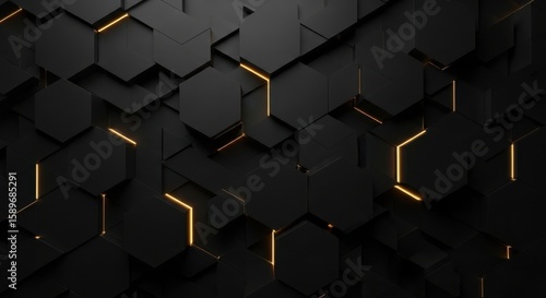 Abstract Dark Hexagonal Pattern with Glowing Golden Lines Futuristic Technology Background Design