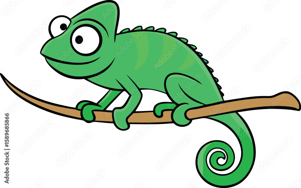 Obraz premium Friendly Green Chameleon Perched on a Branch with a Swirly Tail