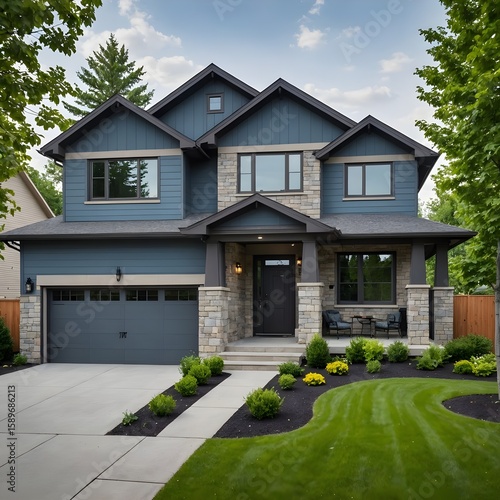 contemporary residential home with stone and blue gray exterior
