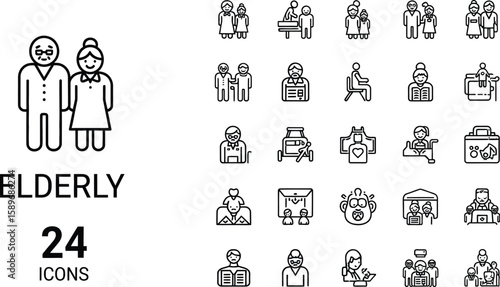 Outline elderly icons depict senior care and various healthcare services