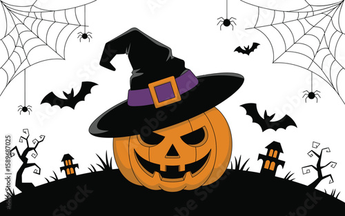 Halloween Pumpkin with Witch Hat Spiders and Bats jack o lantern