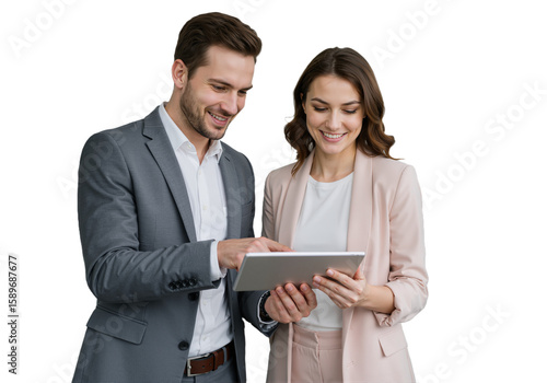 Busy Smiling Middle-Aged Business Man and Woman – Professional Corporate Executives in Suits Discussing Digital Strategy with Tablet, Standing and Collaborating in a Modern Office Setting, isolated on