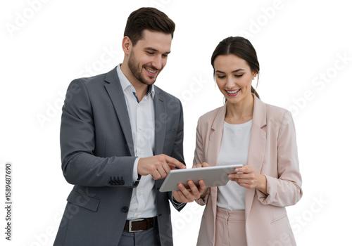 Busy Smiling Middle-Aged Business Man and Woman – Professional Corporate Executives in Suits Discussing Digital Strategy with Tablet, Standing and Collaborating in a Modern Office Setting, isolated on