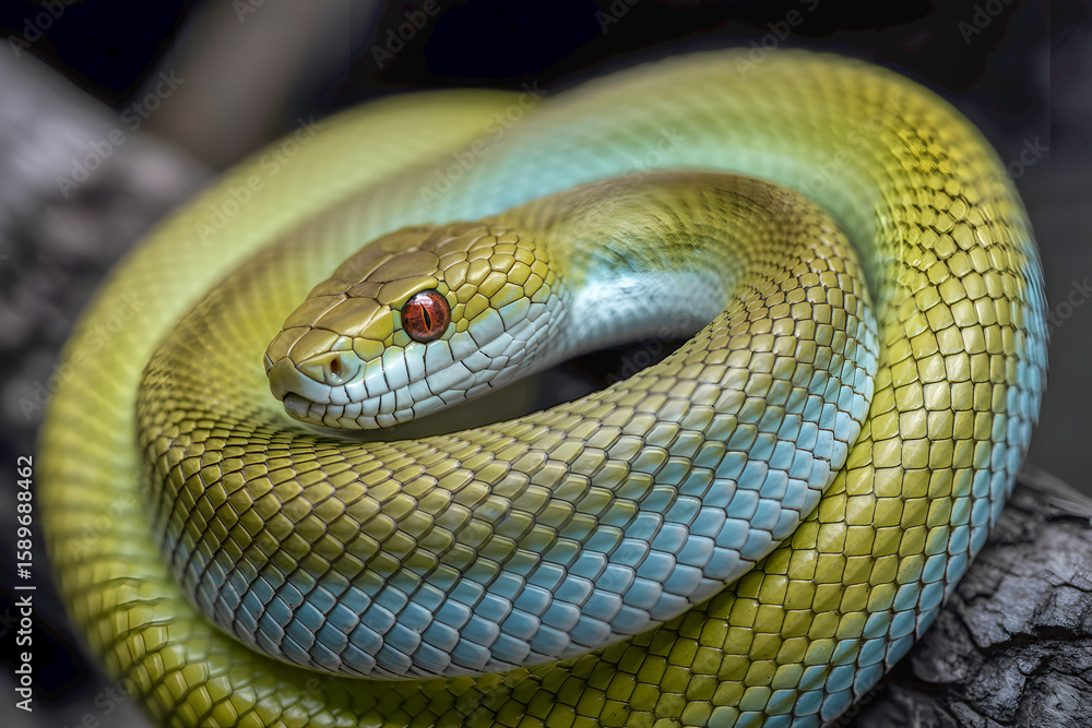 Obraz premium A green and blue snake is curled up on a log