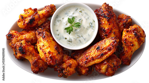 Delicious chicken wings with dipping sauce on a white plate isolated on transparent background