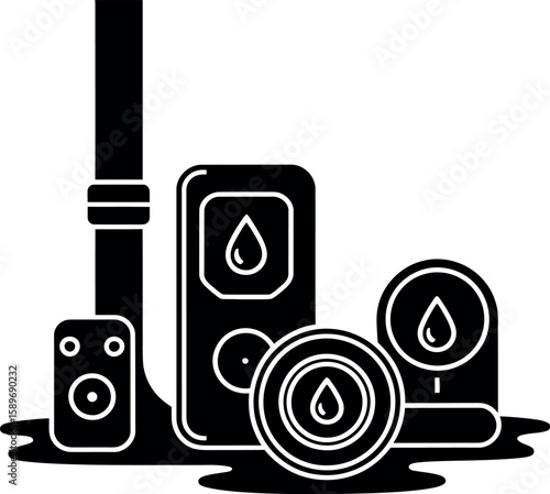 Black and white illustration of water meter and pipe with water drops leak plumbing