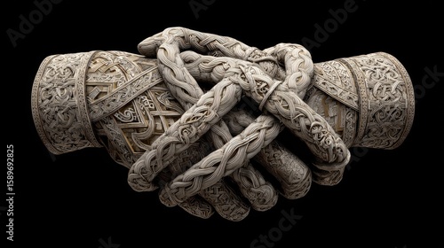 Ornate clasped hands, detailed with intertwined,  intricate,  celtic-inspired patterns