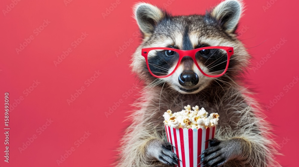 Raccoon wearing red glasses holds striped popcorn bucket against vibrant pink background, showcasing playful character and whimsical atmosphere for entertainment themes Raccoon wearing red glasses holds striped popcorn bucket against vibrant pink background, showcasing playful character and whimsical atmosphere for entertainment themes