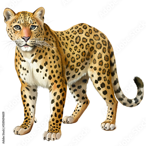 Illustrated leopard depicted in full body pose with detailed spots and textures against black background