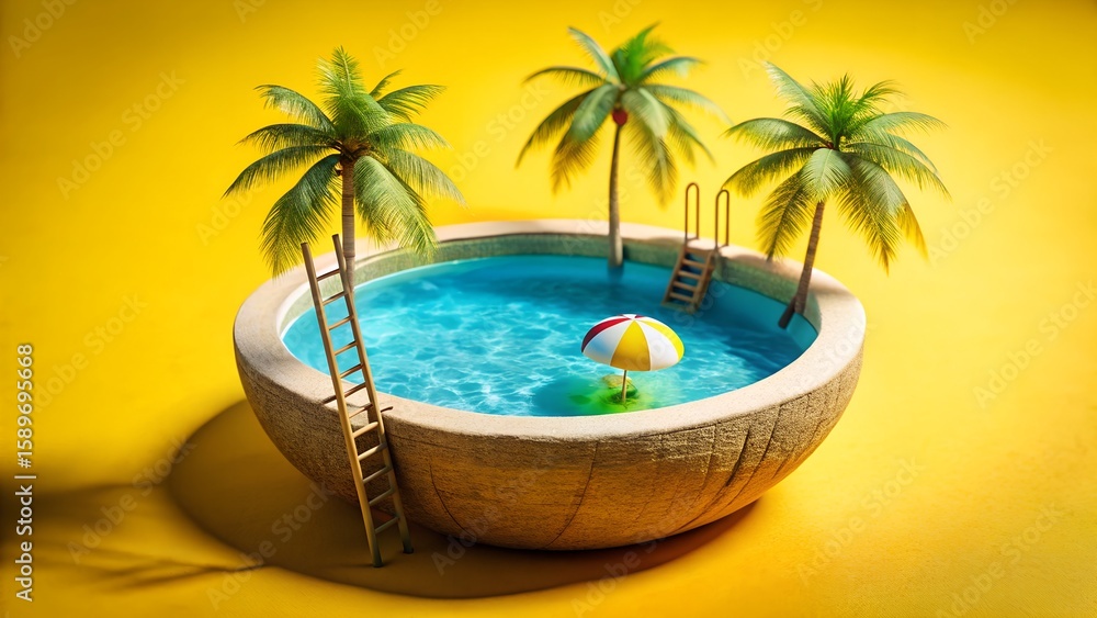 Obraz premium Miniature pool with palm trees on yellow background