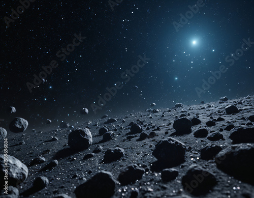 realistic digital rendering of a barren lunar or asteroid surface under stars