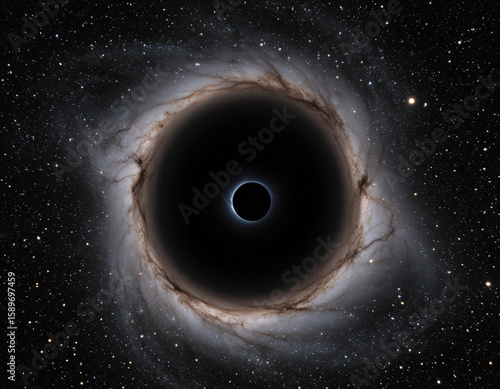 realistic digital rendering of a black hole with swirling accretion disk