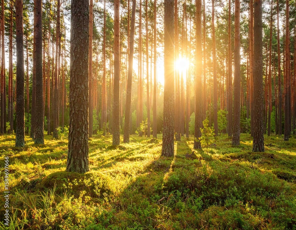 Naklejka premium Sunny forest at sunset