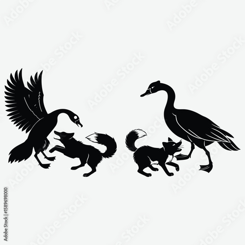  Goose biting a fox’s tail in defense  image silhouette design vector art and illustration