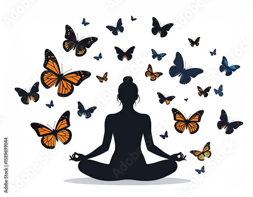 Silhouetted woman meditating, surrounded by butterflies