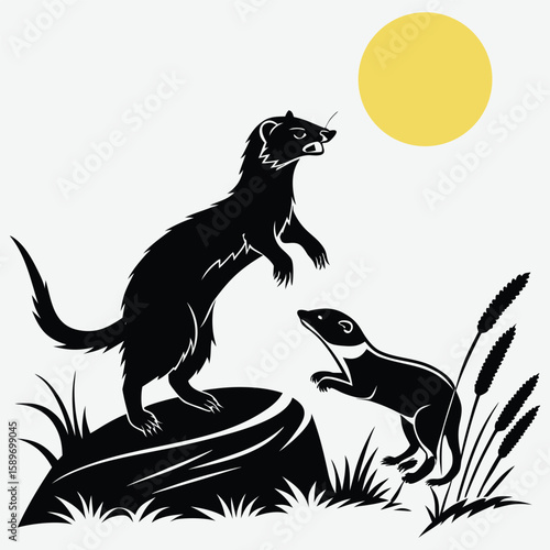  Weasel and mole clashing under moonlight image silhouette design vector art and illustration