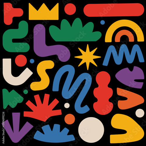 A playful arrangement of colorful geometric shapes on a dark background creating a vibrant design