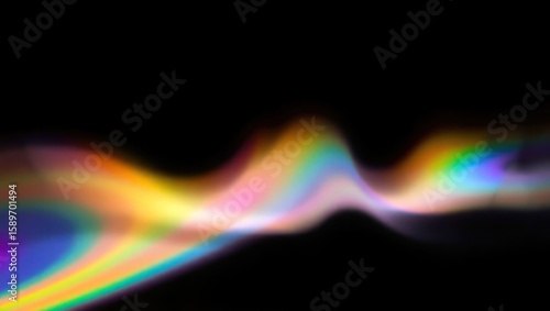 Blurred rainbow refraction overlay effect. Light lens prism effect on black background. Holographic reflection, crystal flare leak shadow overlay. Colorful rainbow disco ball light