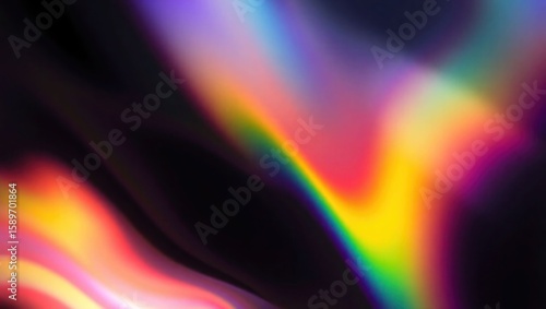 Blurred rainbow refraction overlay effect. Light lens prism effect on black background. Holographic reflection, crystal flare leak shadow overlay. Colorful rainbow disco ball light
