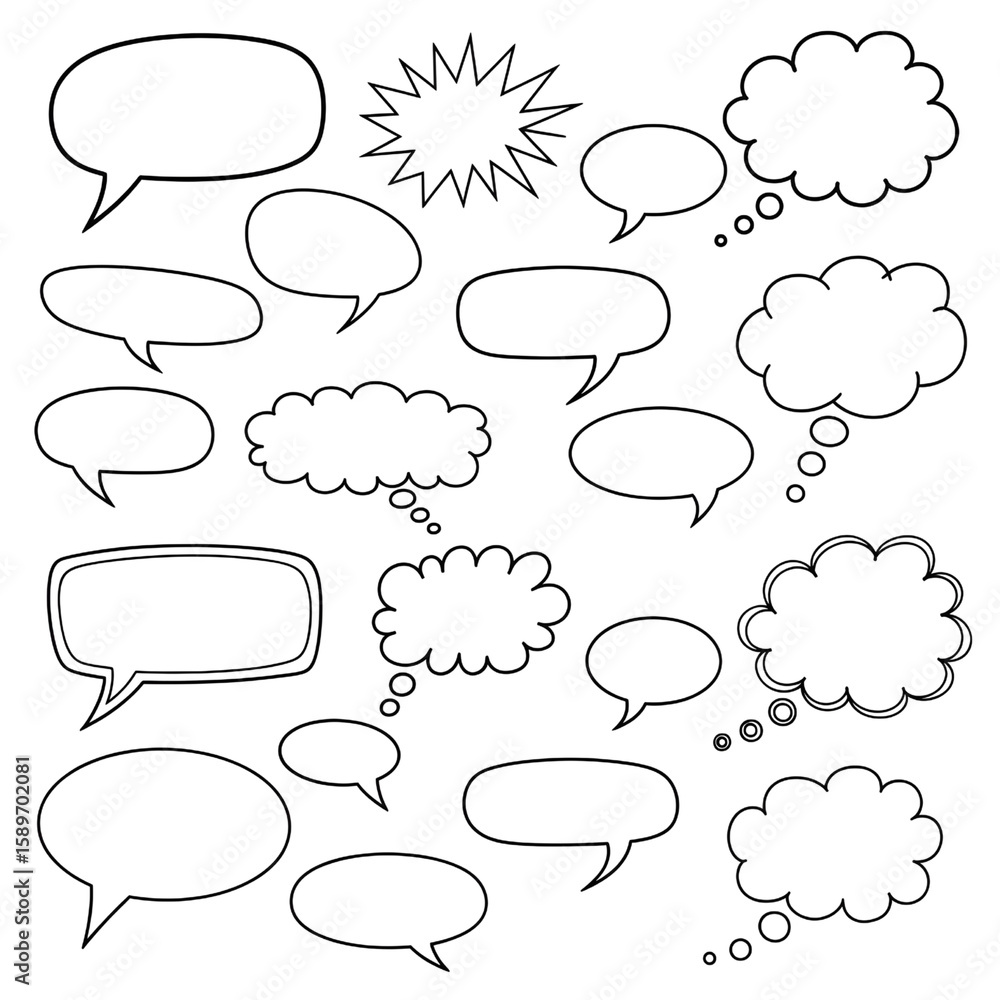 Fototapeta premium Collection of Hand-Drawn Speech Bubbles and Thought Clouds for Creative Communication Projects and Designs