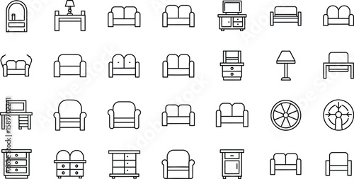 A collection of furniture icons including sofas chairs tables and lamps arranged in a grid pattern design