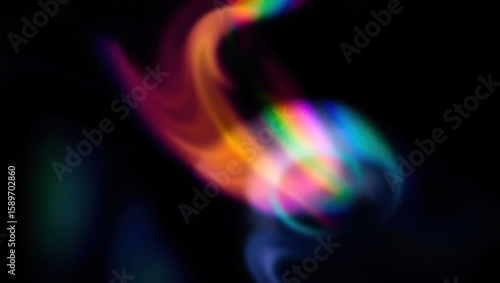 Blurred rainbow refraction overlay effect. Light lens prism effect on black background. Holographic reflection, crystal flare leak shadow overlay. Colorful rainbow disco ball light