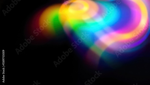 Blurred rainbow refraction overlay effect. Light lens prism effect on black background. Holographic reflection, crystal flare leak shadow overlay. Colorful rainbow disco ball light
