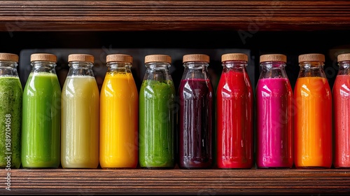 Colorful juices in glass bottles on wooden shelf