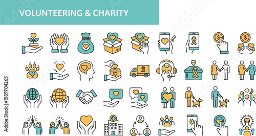 Volunteering and charity icons show support, care, and community service.