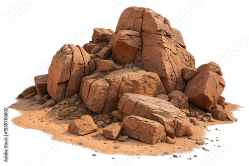 Large pile of rough textured reddish brown granite boulders and rocks isolated on transparent background
