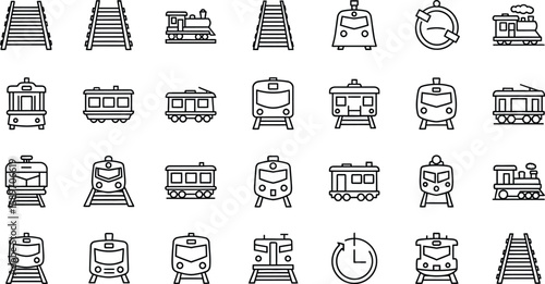 A collection of train related icons and symbols displayed in a grid pattern on a white background