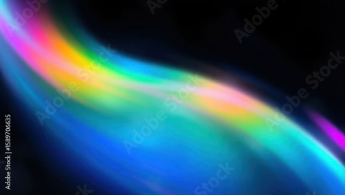 Blurred rainbow refraction overlay effect. Light lens prism effect on black background. Holographic reflection, crystal flare leak shadow overlay. Colorful rainbow disco ball light