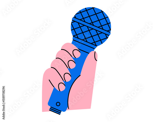 Hand drawn cute cartoon illustration of hand holding microphone. Flat vector sound recording sticker doodle. Speech audio device in arm icon or print. Podcast or interview studio equipment. Isolated.